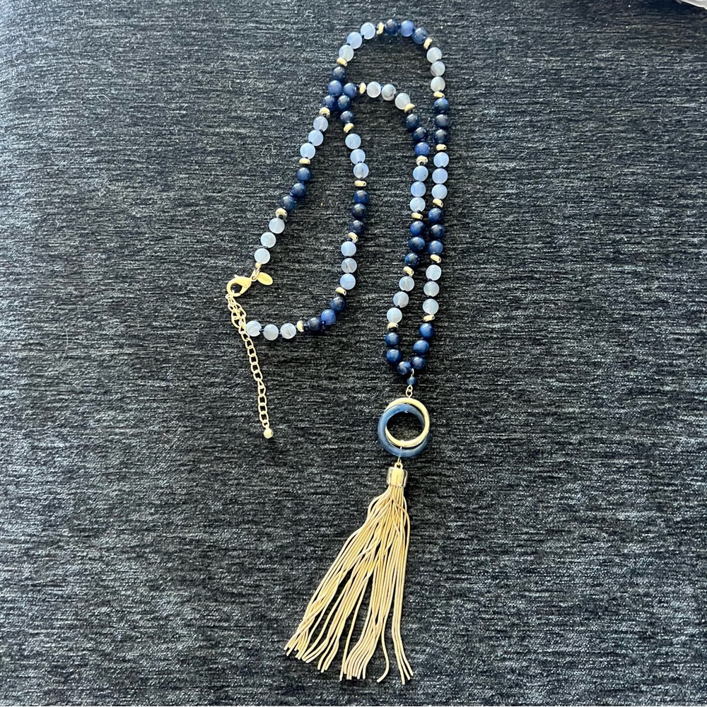 EUC Chico’s Long necklace with chain tassel and blue beads 23 1/2”